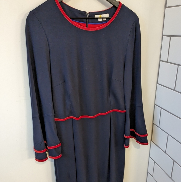 Boden Navy Blue Red Velvet Trim Cora Bell Sleeve Knit Dress - Picture 2 of 6